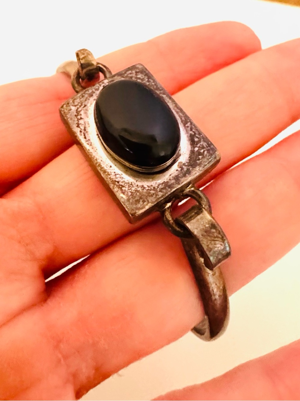 Vintage Taxco Mexico 925 Sterling Silver Onyx Bangle Bracelet - Picture 3 of 12